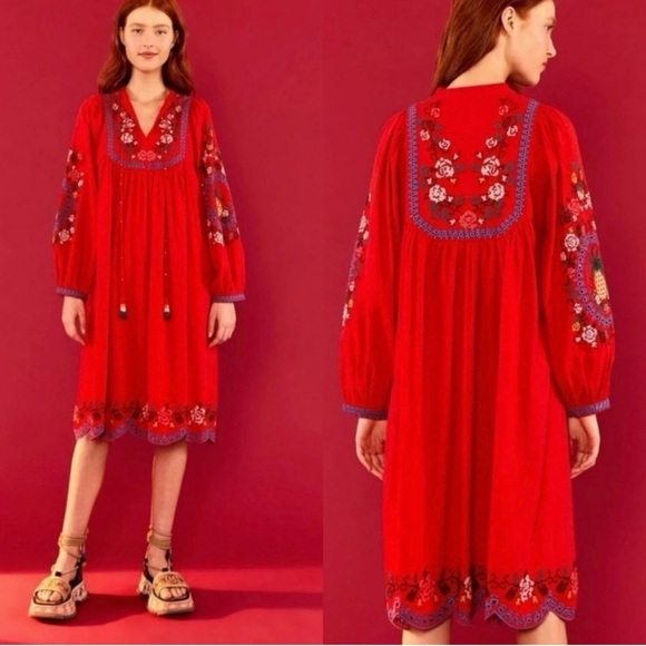 FARM Rio Dresses & Skirts - Farm Rio Red Cross Stitch Embroidery Midi Dress
